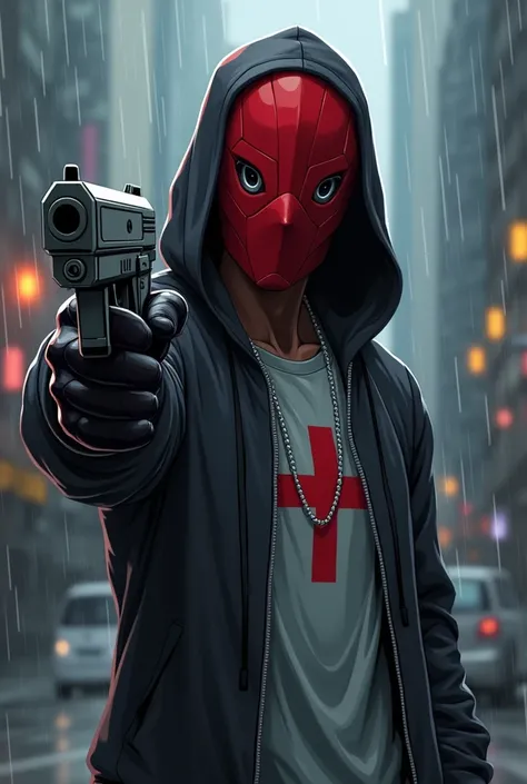 Strong-bodied 18 year old black teen boy anime ,  wearing red helmet with thin white eyes that covers the whole head,  clothes dark black open hoodie inside a light gray shirt with red symbol wearing black gloves on his hands silver chain, Pointing a gray ...