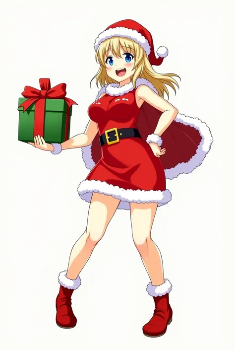 1girl, dynamic pose, ash blonde hair, blue eyes, short skirt, smile, fang,fang,kasukabe tsumugi,Perfect Hands,curvy, small breasts, thighs, santa costume, fur, short skirt, santa hat, boots, cape, gift box, Perfect Hands ,Perfect 