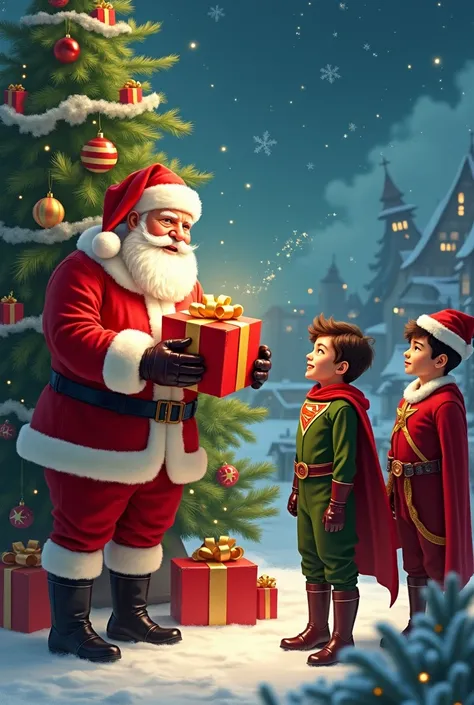 Santa Claus came to the Christmas tree and gives out super gifts 
Heroes 