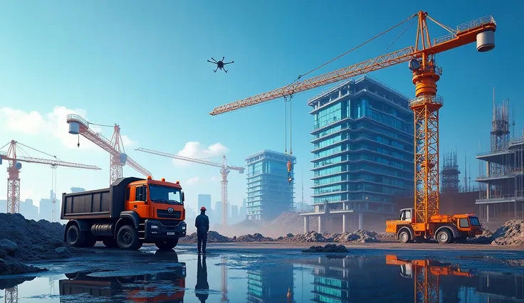  Act as a knowledgeable construction expert and creates an image with aspect ratio 16:9, resolution 1920 x 1024p .  where aspects ,  Artificial Intelligence graphics ,  construction equipment cranes , truck, excavator, drones,  robots hoisting materials , ...