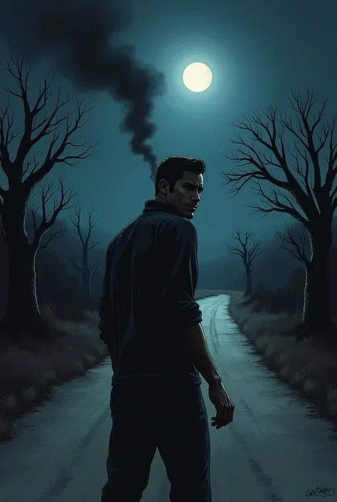  Prompt for the image of Rafael turning backwards ,  asking who is there ?on a dark road :

 Realistic drawing in dark legend style ,  showing Rafael turning his body backwards ,  with a suspicious and tense expression .  Her mouth is slightly open ,  as i...