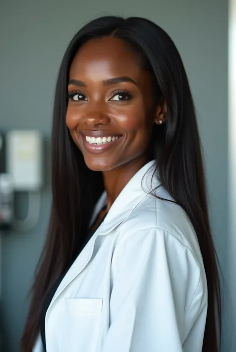 Create a photo of a dark-skinned veterinarian,  Straight hair 
