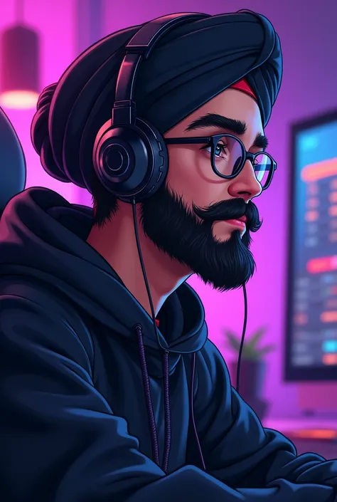 pfp, 23-year-old young man with reading glasses, beard, turban, PC gamer background, black clothes, Violet, beard, Earphones, Gothic, anime,  cartoon ,  cartoon