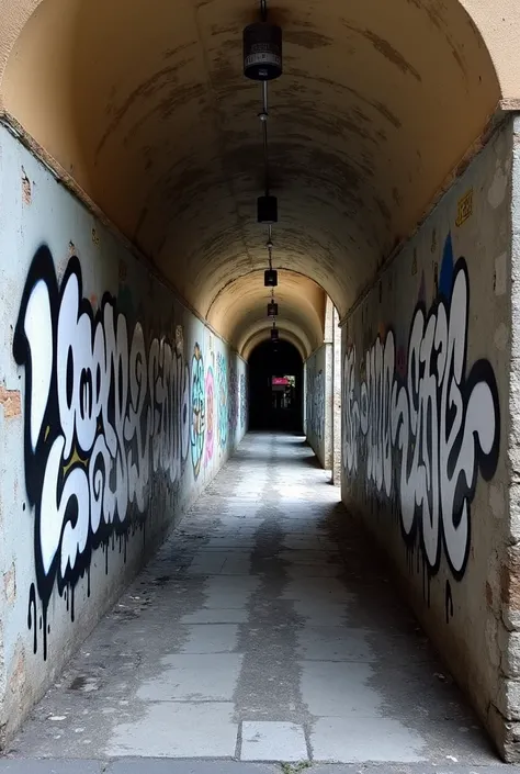 Crea un tunnel con i muri pieni di graffiti con in primo piano il graffito con la scritta "tunnel" e sotto un graffito un po più piccolo con la scritta "simba la rue" (i graffiti in bianco e nero tranne la scritta"tunnel")