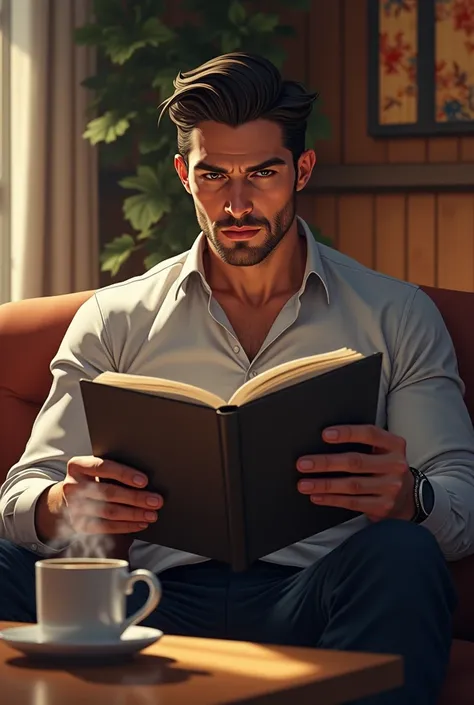  handsome man sits reading a comic book, with a brand r coffee mug.&s coffee placed on the table, 