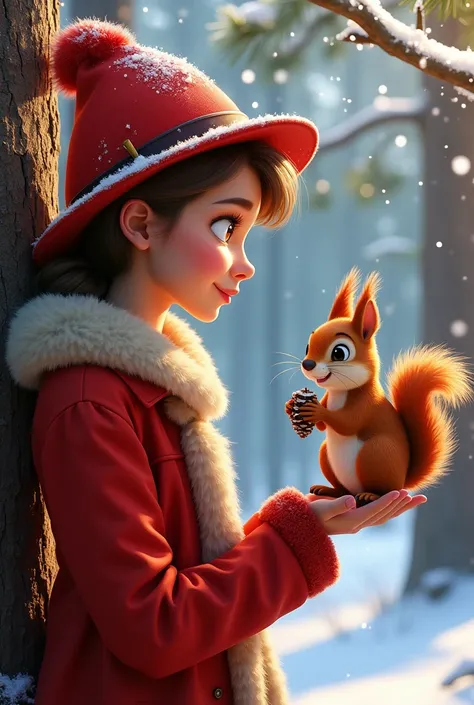 Disney Pixar style casual pose, beautiful girl in red coat and hat, looking at smiling beautiful squirrel sitting on tree and holding pine cone in paws, pine branches, sunny, snow, frost, hoarfrost. Aesthetic, beautiful, realistic, professional photography...