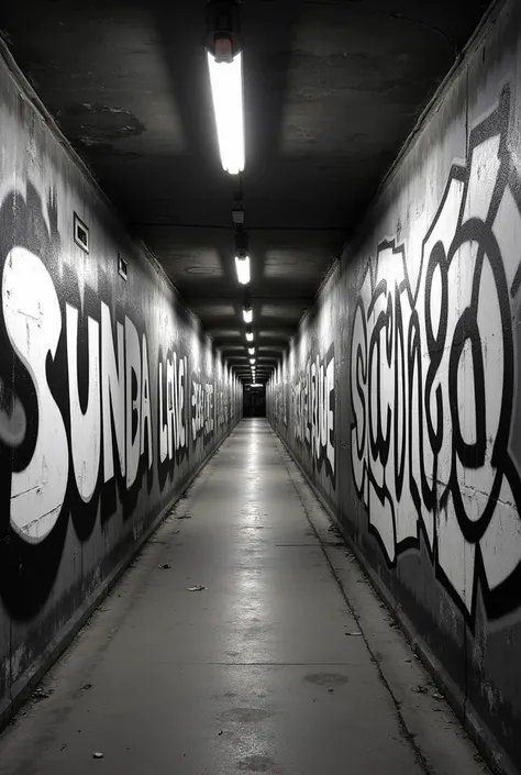 Crea un tunnel con i muri pieni di graffiti con in primo piano il graffito con la scritta "tunnel" e sotto un graffito un po più piccolo con la scritta "simba la rue" (i graffiti in bianco e nero tranne la scritta"tunnel") e il tunnel deve diffondere un se...