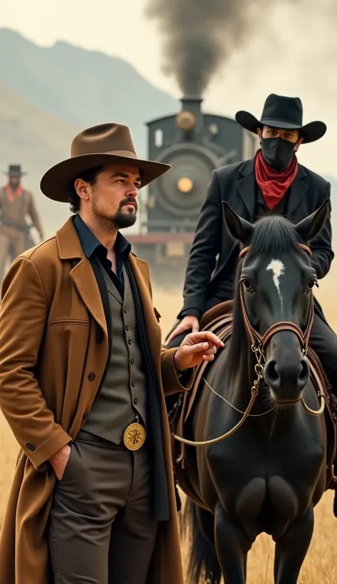 "Leonardo DiCaprio e p.  Diddy in the wilderness of the Wild West ,  dressed as stylized gunmen .  Leonardo wears a brown cowboy hat , leather jacket,  and holds a golden compass while surveying the horizon . p. Diddy, with a black vest,  red handkerchief ...