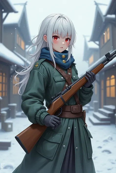 Albino girl soldier with helmet, white shorter hair in the back and longer on the front, red eyes, she is holding a wood rifle. She smile proudly. Snowy town in background