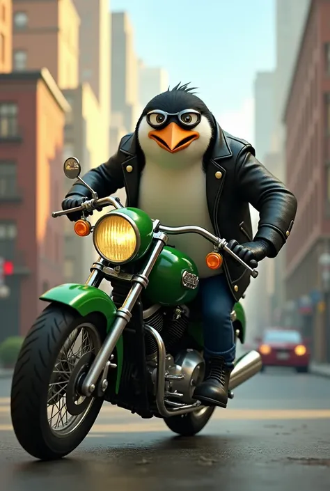 Image of a penguin similar to Rico riding a green motorcycle