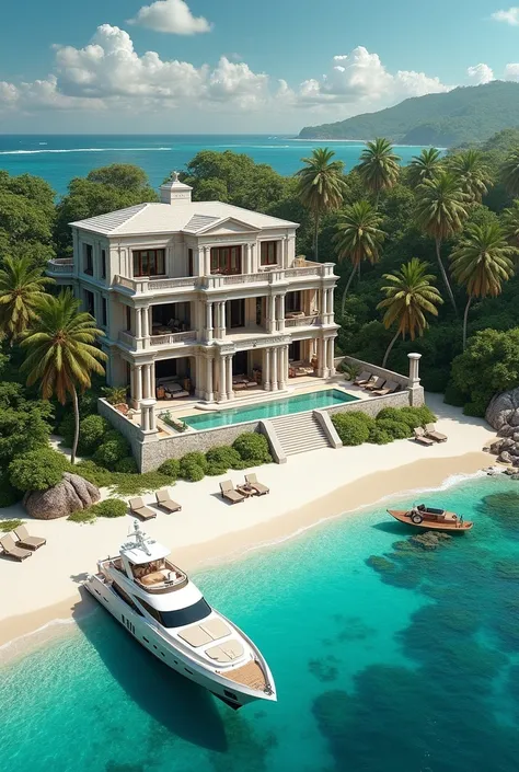 Create a mansion on a private island ,  if possible place a yacht next to the island ,  the islands water must be crystal clear and must have a beach 