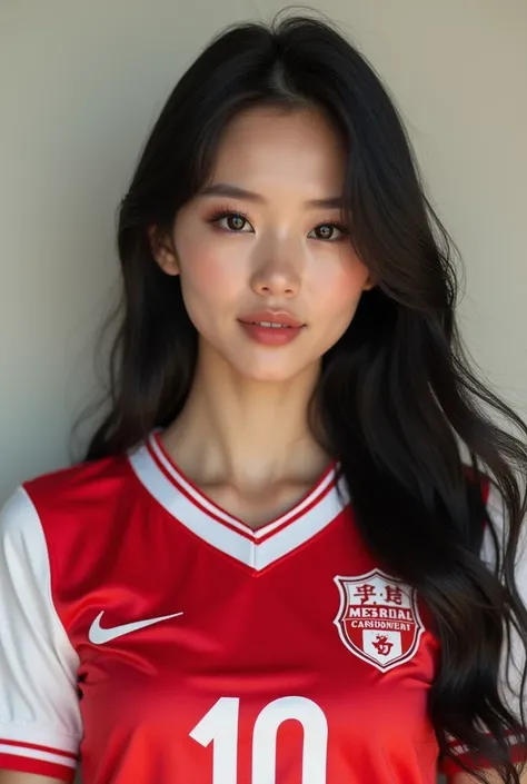 
 Asian women have clear white skin, straight to the viewer, glazed tile skin Shiny, strong abs, glowing skin, beautiful eyes, 38-inch chest size in a bright white-red print national team football shirt dress with graphic print. "Baby 888",  dress,  in the...