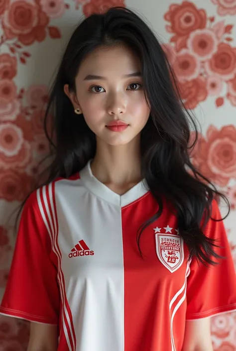 
 Asian women have clear white skin, straight to the viewer, glazed tile skin Shiny, strong abs, glowing skin, beautiful eyes, 38-inch chest size in a bright white-red print national team football shirt dress with graphic print. "Baby 888",  dress,  in the...