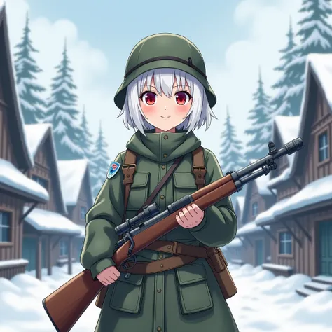 Albino anime girl soldier with helmet, white shorter hair in the back and longer on the front, red eyes, she is holding a wood rifle. She smile proudly. Snowy town in background