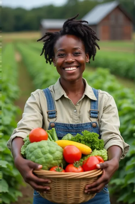 A black lady in a farm carrying a basket of vegetables smiling in  close up shot (generate a real person no cartoon)