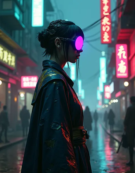  A digital cyberpunk artwork depicting a futuristic city at night ,  characterized by dense neon signs in various colors such as green , blue, yellow, rosa, orange, and red.  The central figure is a person standing in profile on the right side of the image...