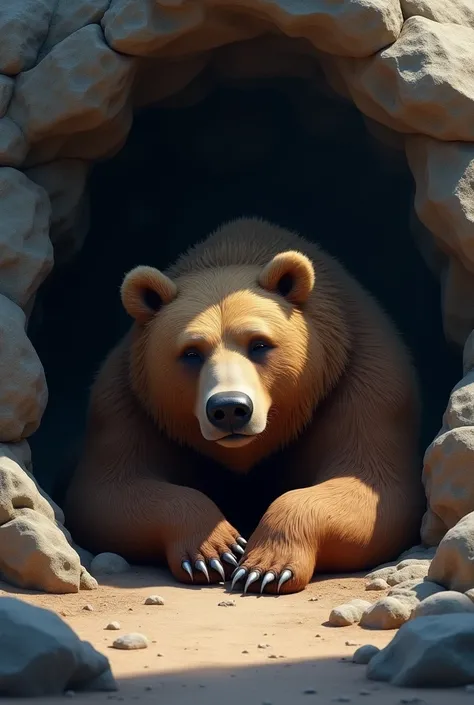 Draw a hibernating bear in the cave so that it looks like a real bear 