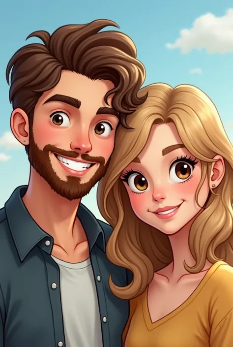 Create a couple the boy wears oval lenses is betrayed with a beard brown hair on the side beautiful smile white skin color , Light brown eyes the girl is a light-haired Irish shoulder-length brown eyes brown eyes wears oval lenses and is also white skin co...