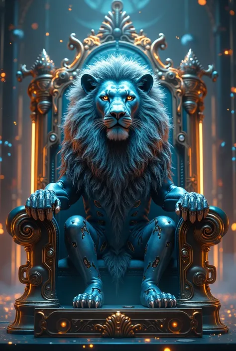 A majestic cyber lion sitting on a throne made of glowing circuit boards, its mechanical mane shimmering with hues of blue and gold. Its eyes glow with intelligence, and it exudes a regal aura. The background is a cyber palace filled with floating hologram...