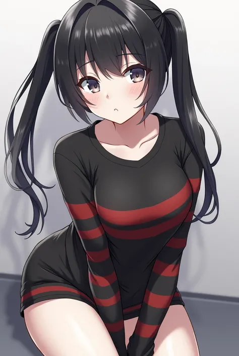 Believe me an anime girl , His skin should be white ,  her hair must be black with pigtails down ,  a shirt with black sleeves and some red stripes and in the center of the torso it must be short with the same red stripes 