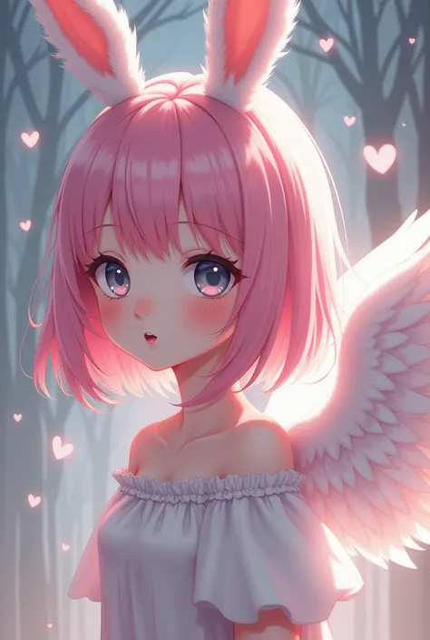 Anime girl with pink hair with gray and pink eyes, white complexion with rabbit ears and angel wings 