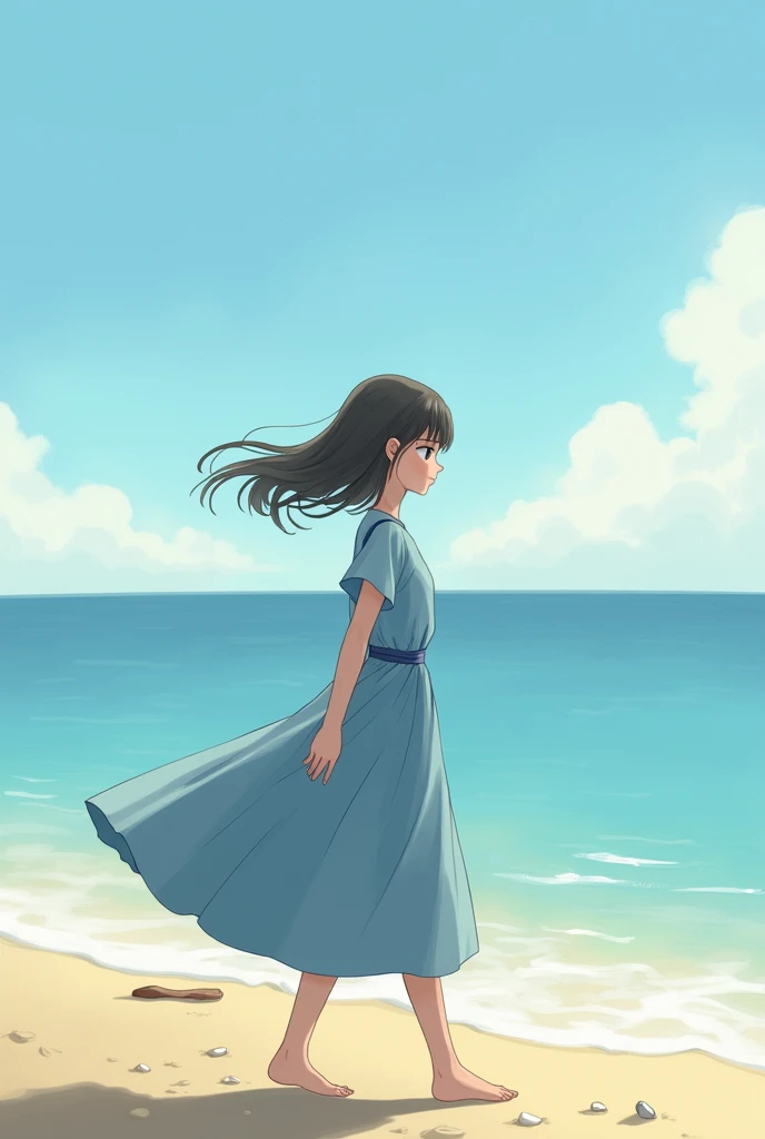 A 14-year-old girl wearing an unlit blue dress strolling by the beach