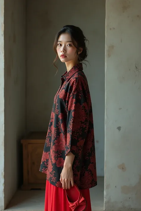 a beautiful korean woman wearing an Indonesian batik shirt P shirt in black and red is standing using a red sadal 