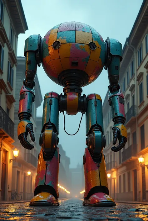 Giant robot ,  Random color variation ,  rounded body sides ,  Realistic body texture,  Cold metallic luster ,  Italian cityscape , night view