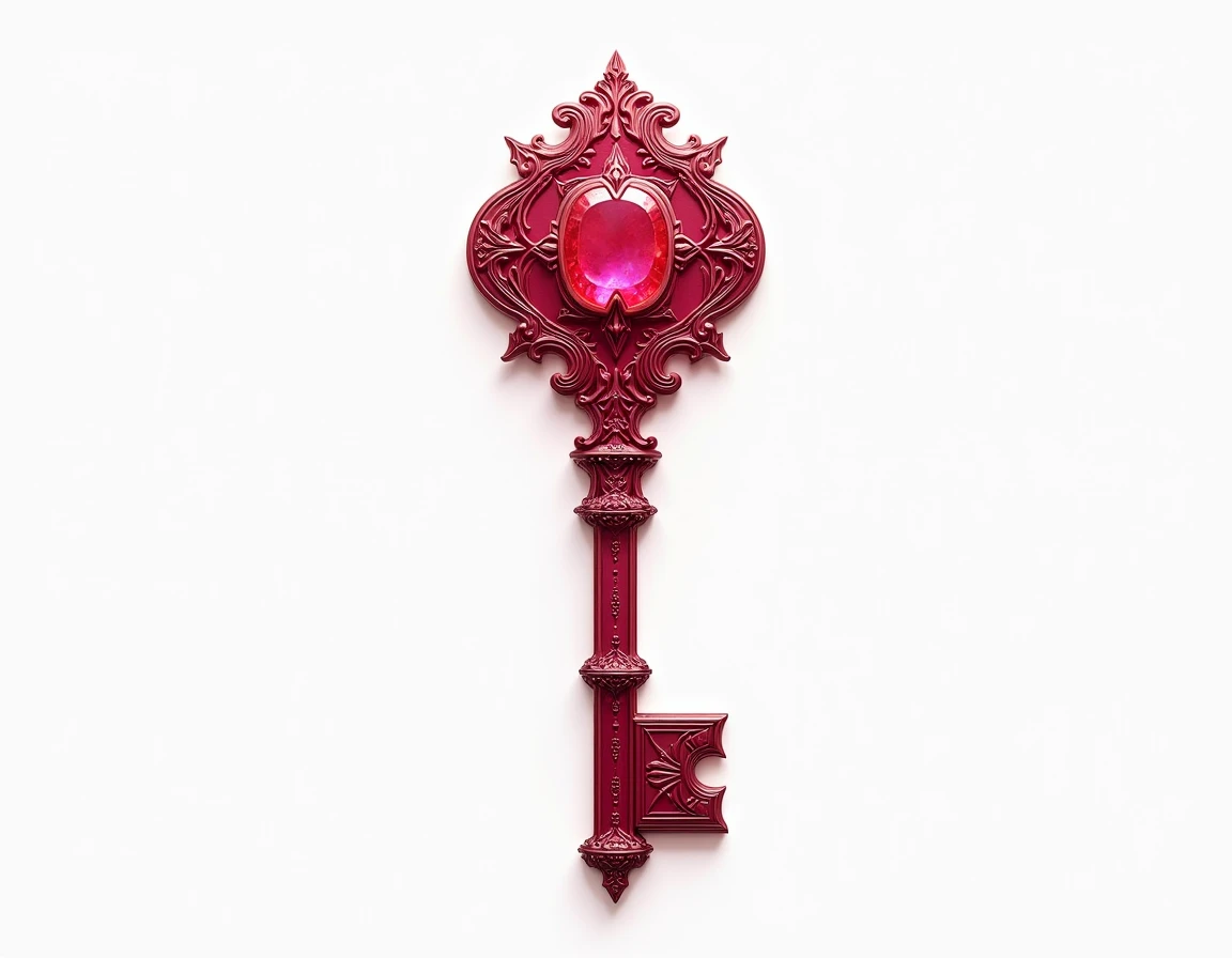 elegant key, made out of rubies, fiery red, fantasy, medieval, plain white background, digital art style