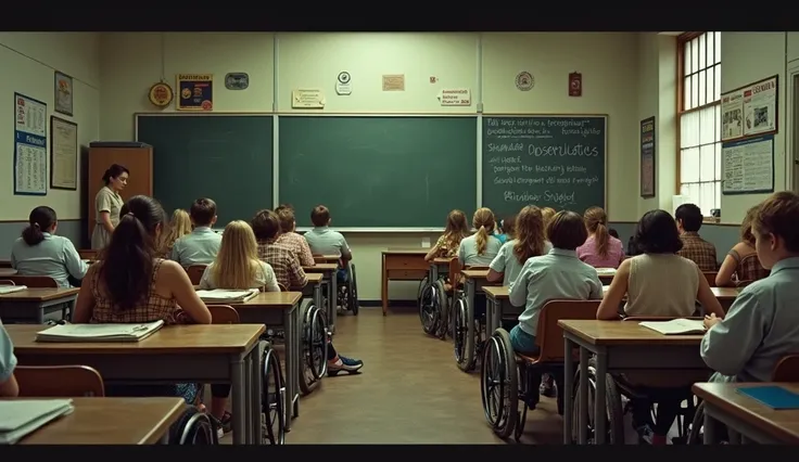 A classroom at a special school from the 70s ,  showing students with disabilities in a segregated environment.