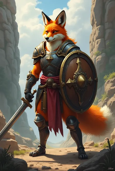 Fox with shield and armor and a sword in his hand 