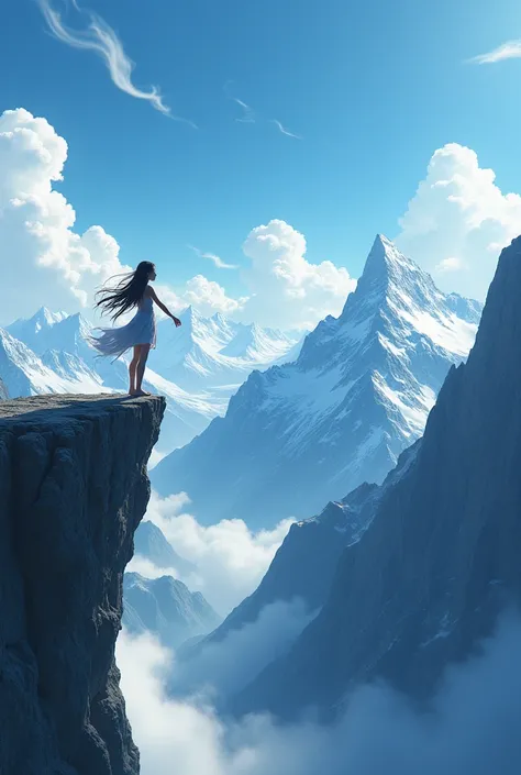 A 14-year-old girl standing on a mountain cliff spread her hands to both sides