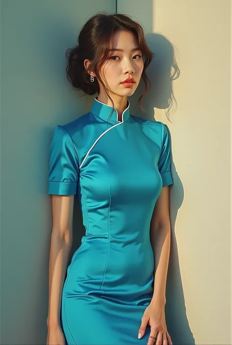  arafe woman in a blue dress and leaning against a wall,  painting by Emma Andijewska dressed in turquoise ,  tumbler , realism, Nam Jaehyun, Bae Su-ji,  wearing a blue qipao ,  wearing a blue qipao  있는,  wearing a blue dress , wearing  blue dress, Jia,  B...