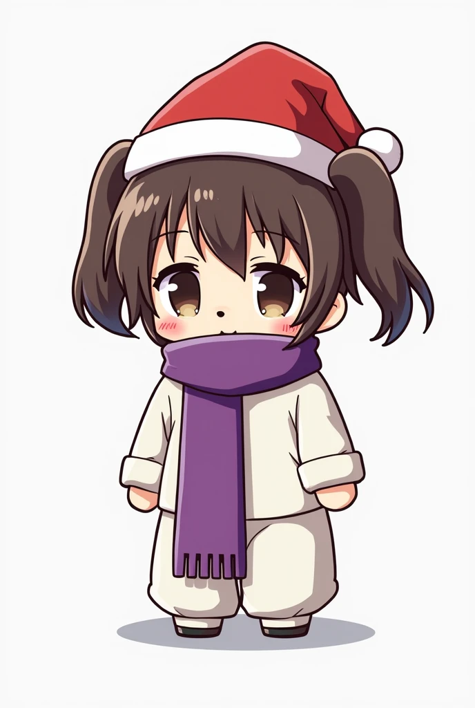 Masterpiece, anime style, chibi, illustrated logo, medium sho, boy with a bored face, black lines on his nose, brown hair with two pigtails on top, white clothes with a long purple scarf that covers the middle of his shirt, and with dark circles under his ...