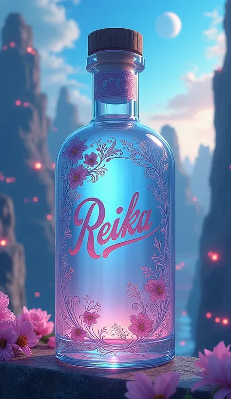 Write the name Reika in cursive on the bottle and make the background a fantastic landscape