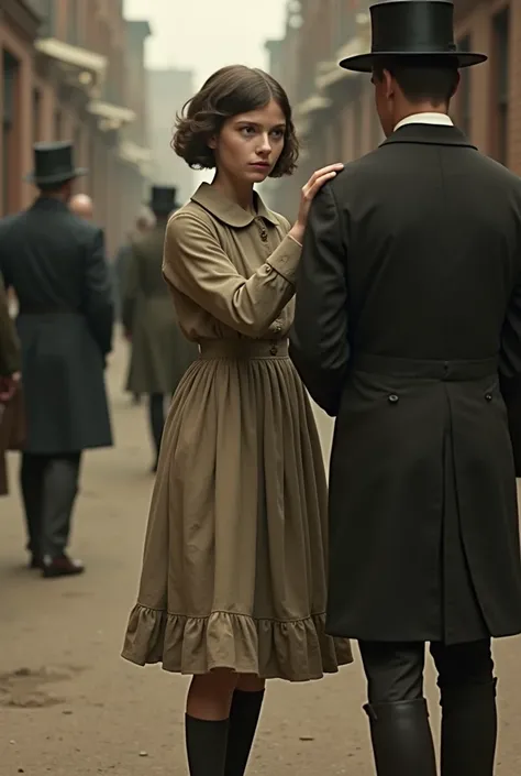 A 15-year-old girl with brown short hair and green eyes and light skin color is wearing a dress with knee socks and old shoes she looks shy Thomas Shelby has an arm around her shoulder and introduces her to his people in a dirty alley the picture is from t...