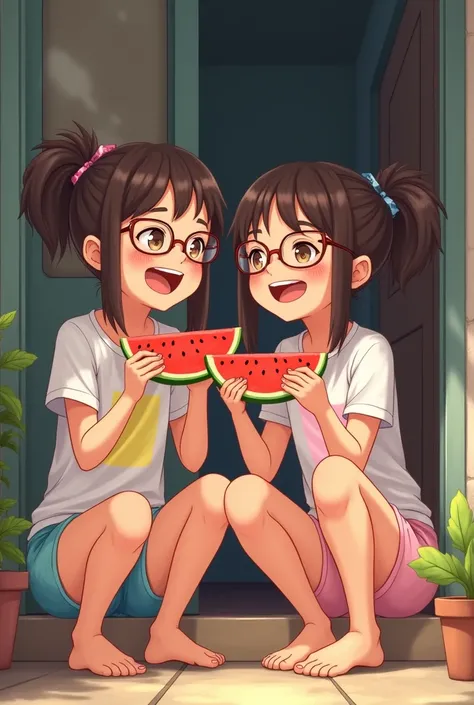 Two girls with spectacles eating watermelon smiling at each other near a room doorstep 