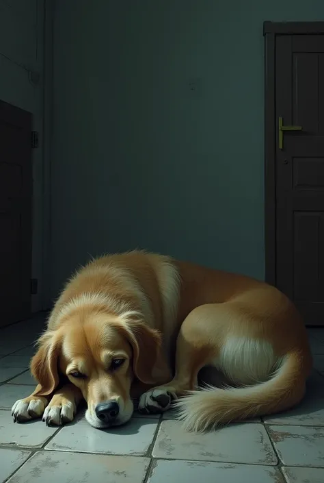 Create an image of an apathetic and sad dog lying on the floor 