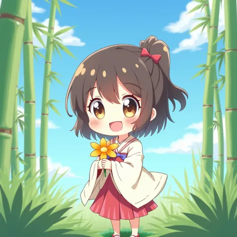 Cute Japanese anime girl holding a flower with her paws and smiling while standing on a green bamboo field,  with the clear blue sky in the background .