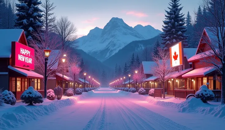 a scene of morning dawn in a small town, mountain view, no people on the street, one big LED screen is displaying Happy New Year,  another big screen is displaying Canada, neon lights, trees covered by snow, winter foliage, snowy ground, beautiful atmosphe...