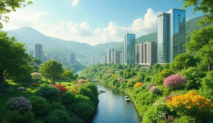  A sustainable city  ,   with lots of vegetation   ( Colorful plants and trees  ).   Sustainable technologies are present   (  solar screens  ,  cars powered by green energy , drones, etc.).   The image represents a not too distant future without environme...