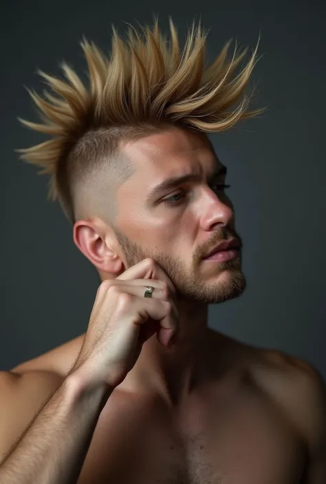 Men pose with penis and touch his head. He has a extremely mohawk hair