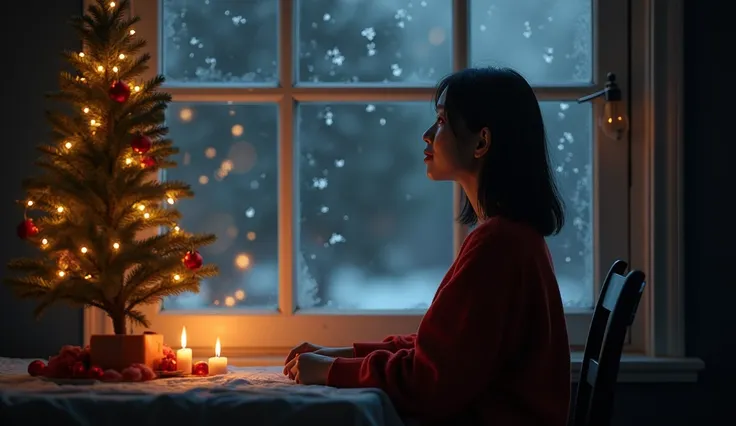 Create an ultra-realistic 16:9 wallpaper.  The scene should depict a quiet Christmas night with a melancholic yet warm atmosphere. Character: An Indonesian-Chinese woman with detailed facial features.
Setting: A quiet Christmas night.
Elements:
Frosted win...