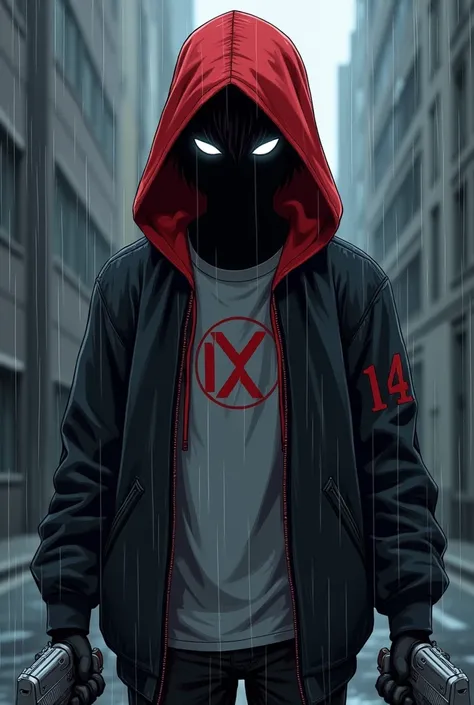 Totally dark and black-skinned teenage boy 18 years old strong body anime,  wearing red helmet with thin white eyes that covers the whole head, Clothes dark black open hooded sweatshirt totally red inside a light gray shirt with red symbol wearing black gl...