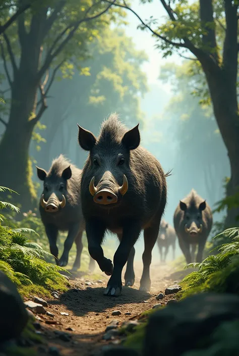 Wild boars in the forest
