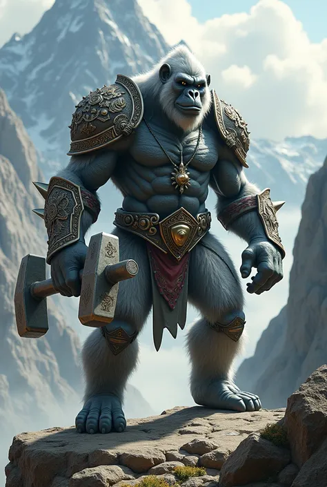 A fierce ( silverback gorilla ) humanoid, adorned with intricate armor and wielding a powerful sledgehammer like a hammer, ,  stands on a rocky ledge , surveying the landscape , different poses