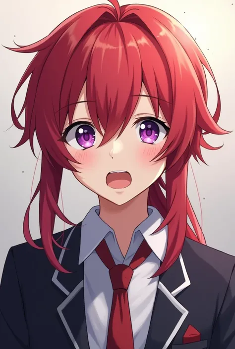 Handsome boy, red hair long scarlet ,  eyes purple eyes school uniform, style anime , surprised, visual novel 