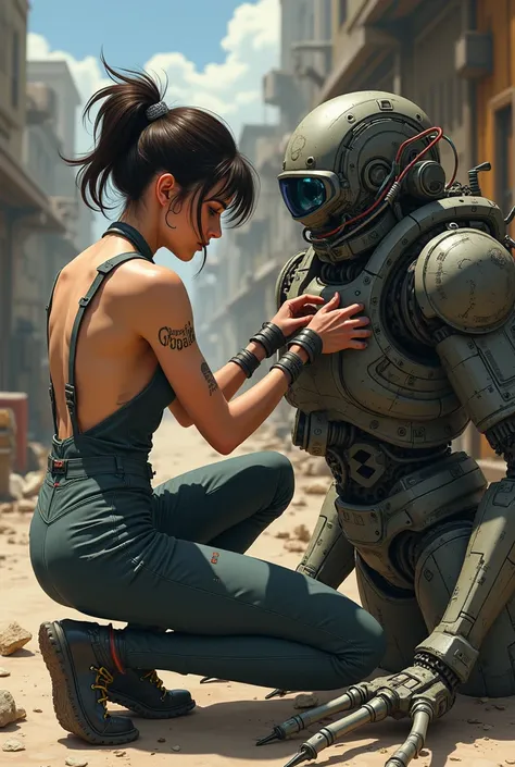 A half-naked girl in a mechanic jumpsuit with a big key repairs the frame of an exoskeleton from the Fallout 4 series of anime-style games