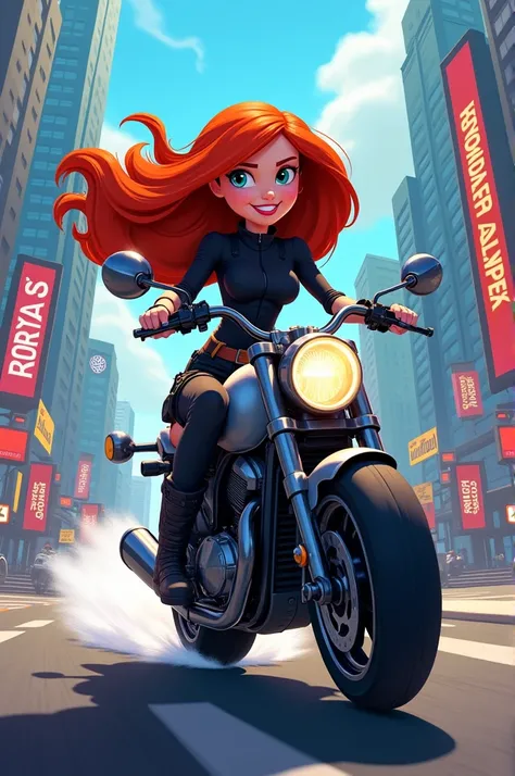 Cartoon of Kim Impossible on a motorbike