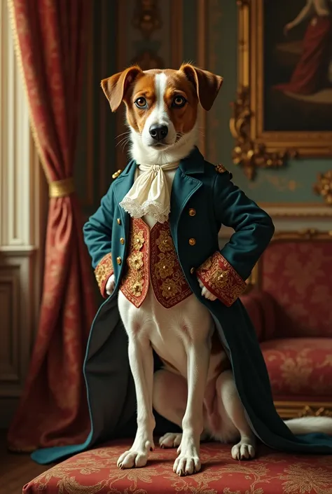  You can generate a painting whose protagonist is a dog, a cross between Jack Russell and Pincher ,  dressed and posing as if he were a nobleman of the 1700s ?